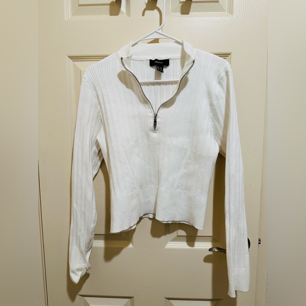 F21+ White Ribbed Quarter Zip